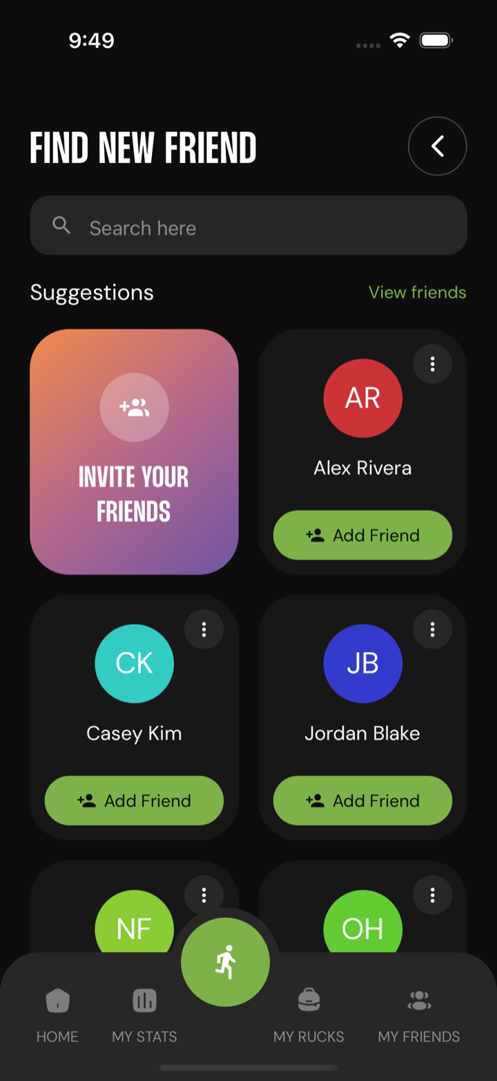 Ruckus Find Friends screen matching contacts who are already on Ruckus